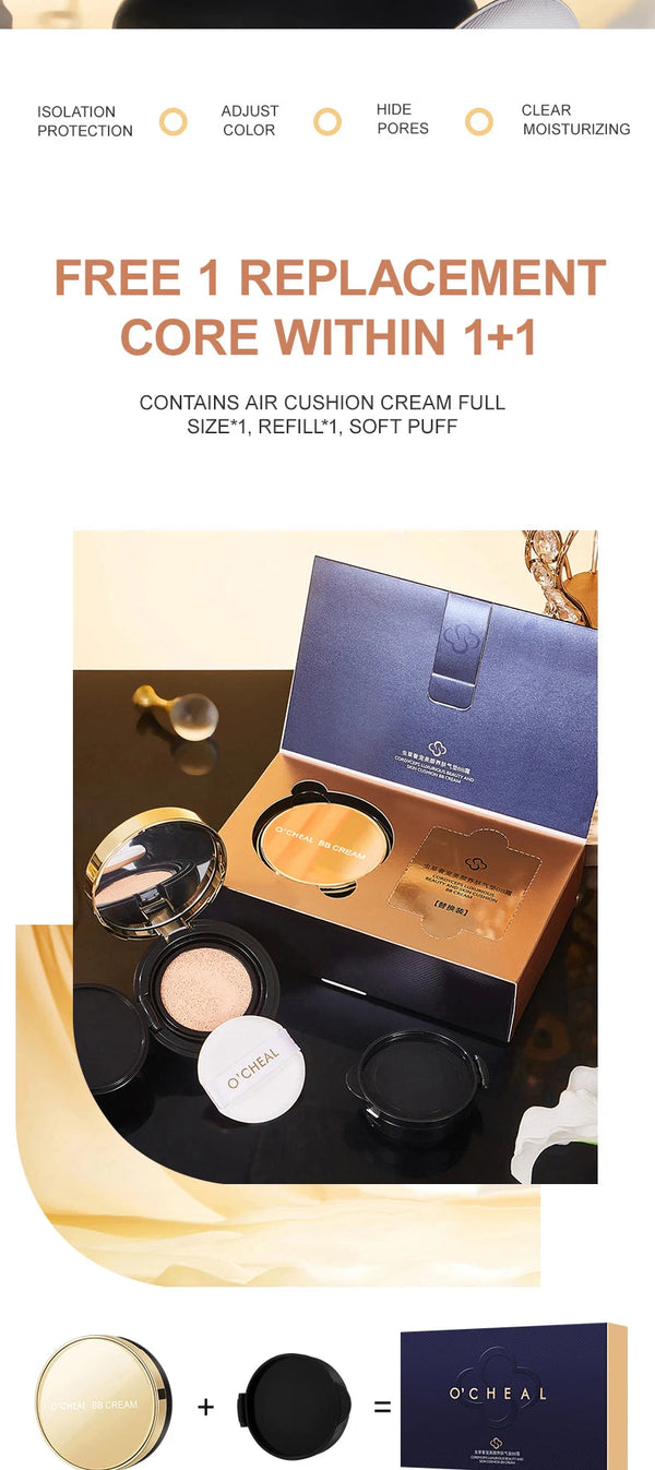 Ocheal BB Cream Air Cushion Whitening Fuller Coverage Waterproof Long-lasting Concealer Cushion Compact With Puff Face Makeup NoirKiss