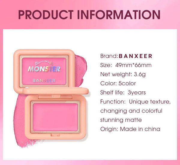 BANXEER Blush Cream Face Blusher 5 Colors Ever-changing Matte Shimmer Waterproof Long-lasting 3 IN 1 Multi-use Blush Face Makeup NoirKiss